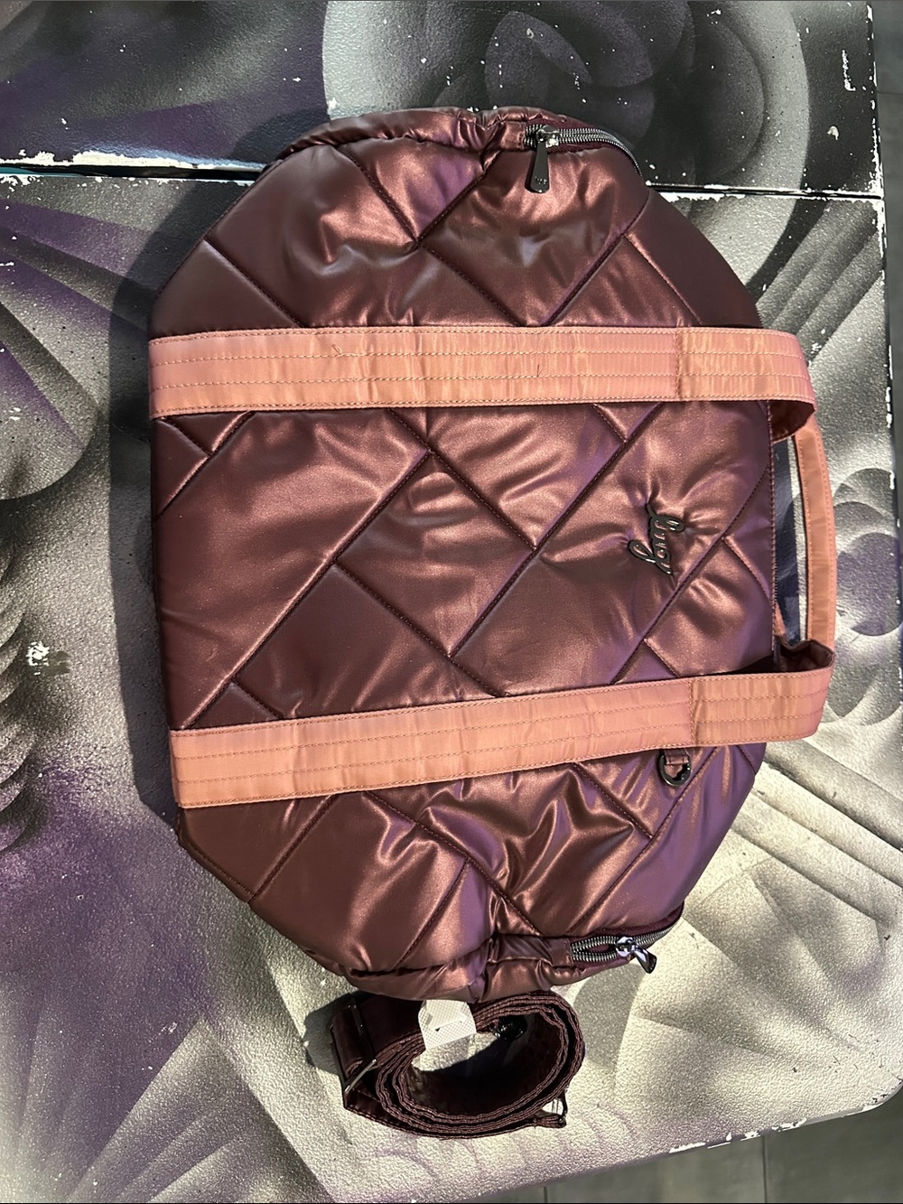 Lug Rowboat Quilted Satin Tote Bag in Deep Plum with Pink Straps